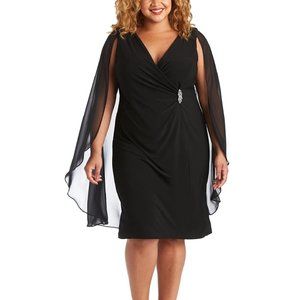 R & M RICHARDS Embellished Chiffon-Cape Dress Black Plus Size 18W